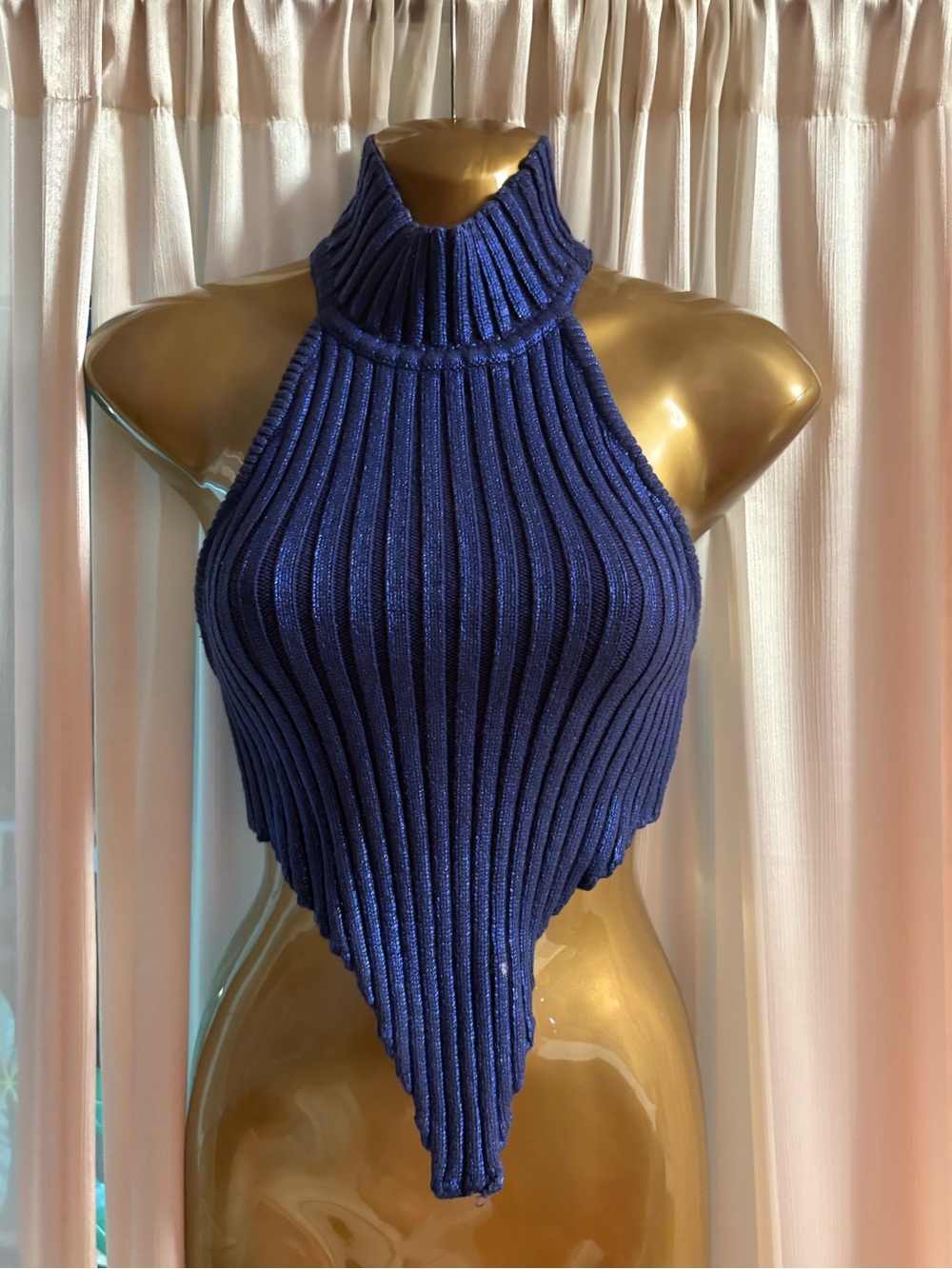 NBD Navy Ribbed High-Neck Halter Pointed Top